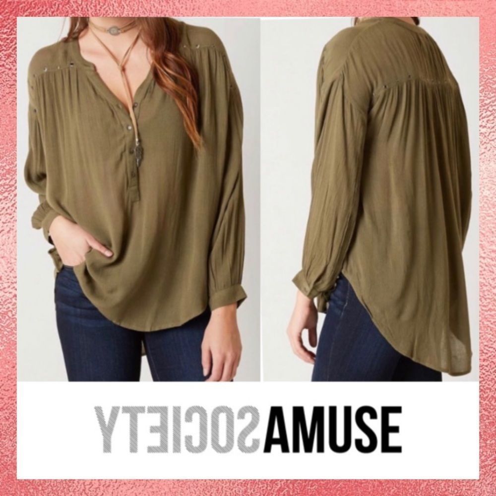 Amuse Society Green Studded Peasant Blouse Small S